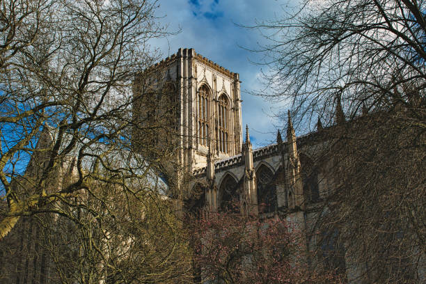 Majestic medieval cathedral with Gothic architecture, towering amidst leafless trees under a blue sky with fluffy clouds, ideal for historical or travel themes in York, North Yorkshire, England.