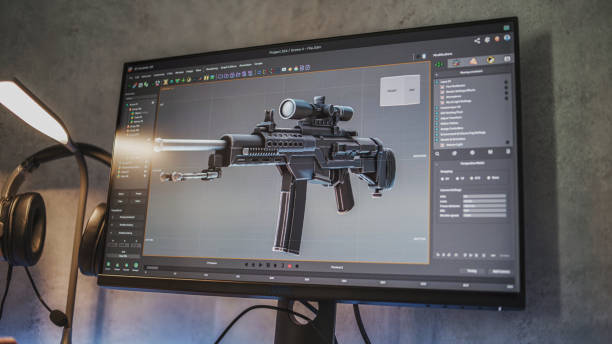 Interface of professional 3D modeling or design software displayed on the computer monitor. Unrecognizable 3D designer creates and draws sniper rifle using PC, works at home on freelance project.