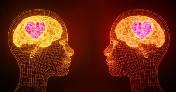 istock Love in metaverse and virtual reality world, futuristic tech background. Hearts inside glowing brains of both wireframe skulls background 2167084866