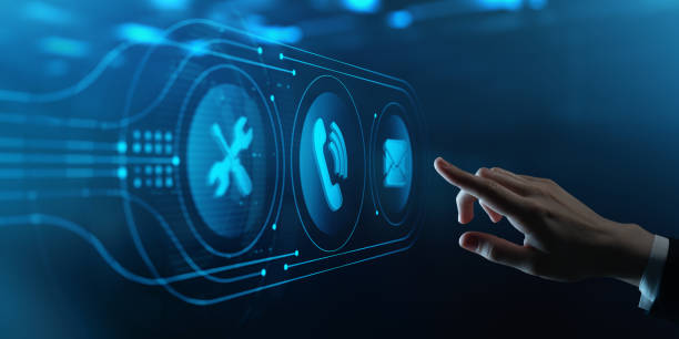 istock Technical support and customer service concept. Human Hand Touching Futuristic Virtual Screen with technical support icon 2167090193