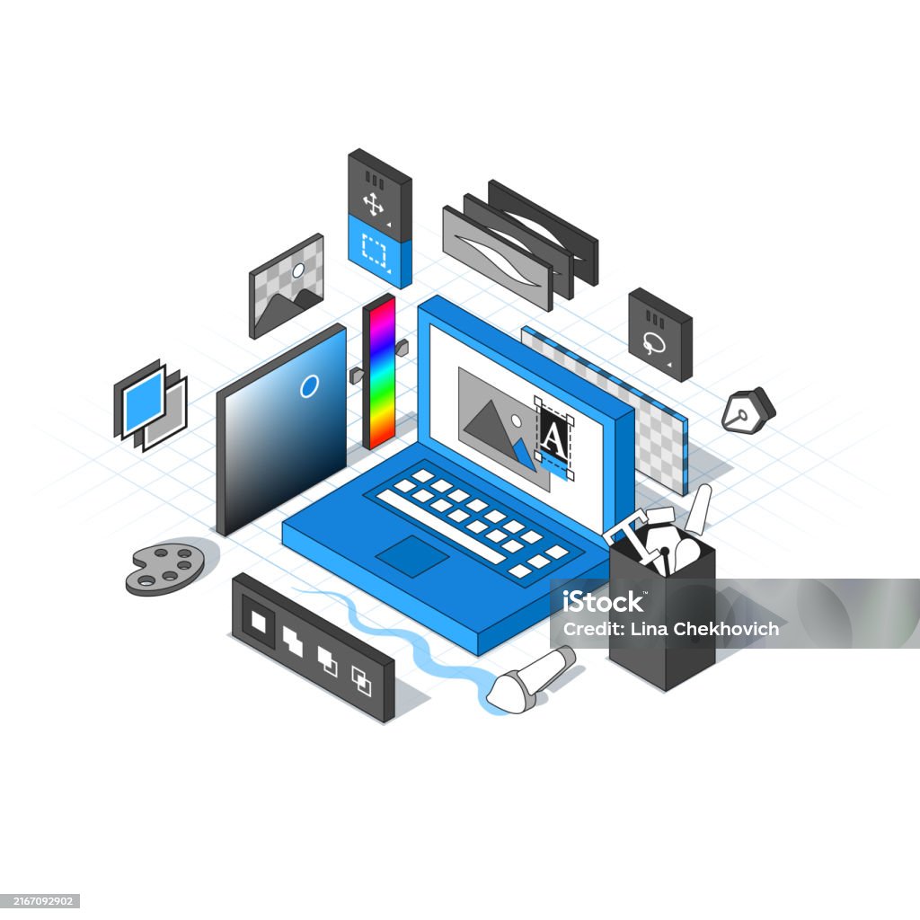 Raster Graphic Editor In Isometric Style Minimalistic Axonometric ...