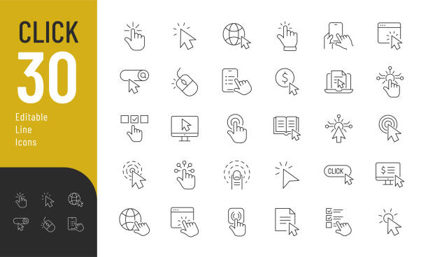 Vector illustration in modern thin line style of cursor related icons: arrow, hand, mouse, button, and more. Pictograms and infographics
