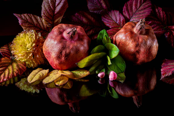 Two pomegranates on black glossy background. In low key.
