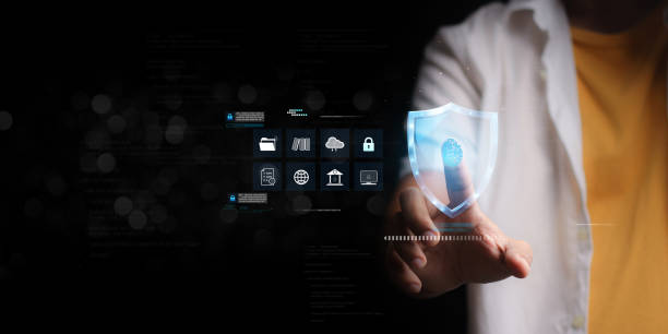 istock Man using thumb to scan finger print or for digital processing biometric identification to access security system includes internet banking, cloud system and mobile phone , Cyber security concept. 2167099822