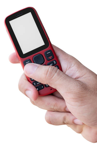 Hand holding red mobile phone with white display isolated on white background with clipping path