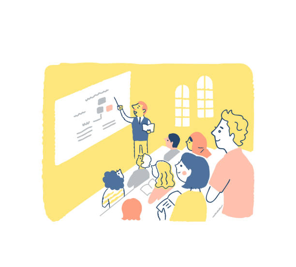 University lecture scene: Lecturer and students learning, lecture, course, people, student, studying, teach, academy, profession, lecturer, listen, university student tuition-classes stock illustrations