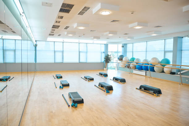 istock Training room is prepared for group pilates classes, special platforms 2167121190