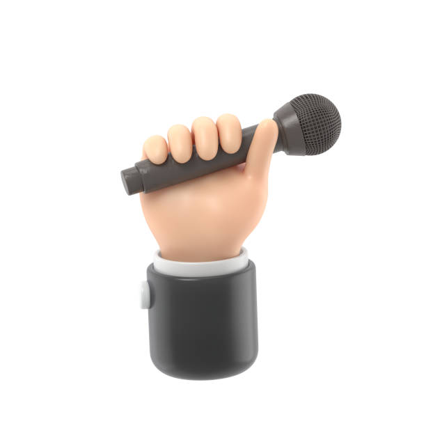 istock Cartoon Gesture Icon Mockup.Cartoon hand holding microphone.3D rendering on white background. 2167121589