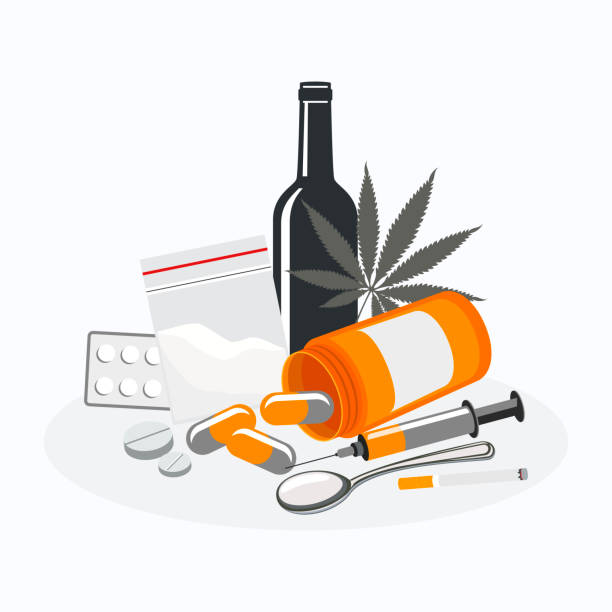 Drugs, pills, alcohol, marijuana abuse vector illustration Hard drugs, pills, injection syringe, spoon, drug plastic bag, bottle of alcohol, cigarette icon set vector. Drug addiction symbol cocaine stock illustrations