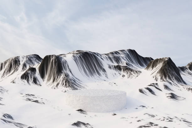 3d render winter platform and natural mockup background, Stone podium on the ice snow mountain, Backdrop sky and cloud for product display, advertising, cosmetic skincare or etc