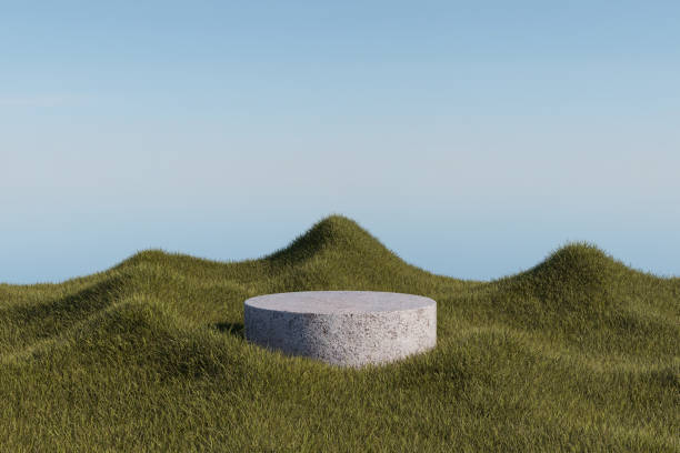 istock Abstract 3d render platform and mockup natural background, Stone podium on the grass field backdrop meadow mountain for product stand display, advertising or etc 2167128101