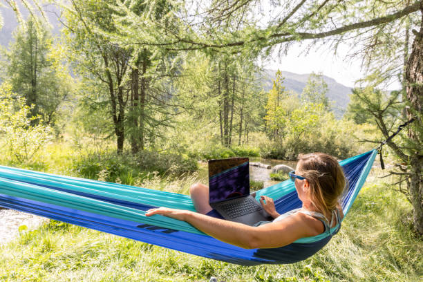 istock Woman Working on Laptop in Hammock in Forest 2167129966