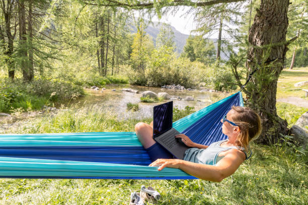istock Woman Relaxing in Hammock by a Stream While Working on Laptop 2167129967