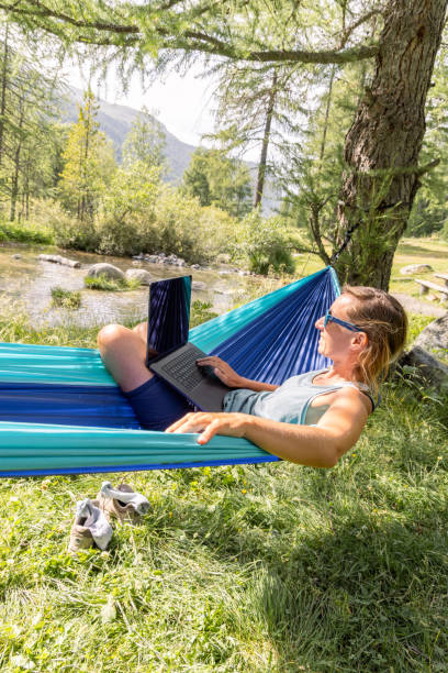istock Woman Relaxing in Hammock by a Stream While Working on Laptop 2167129974