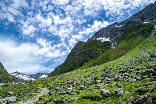 Rocky path climbing among green and snowy mountains