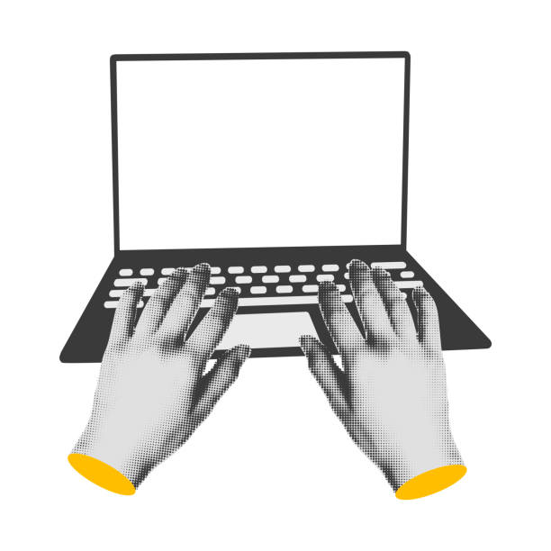 Halftone hands using laptop computer collage vector illustration Halftone hands work on laptop computer with blank screen modern art collage cut out from magazine element for mixed media design. Vector illustration isolated on transparent background mixed media art collage stock illustrations