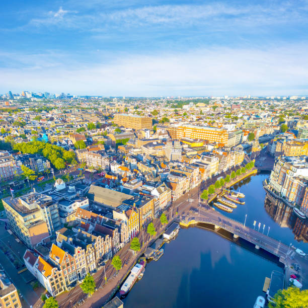 Aerial view of Amsterdam at summer sunrise, Netherlands