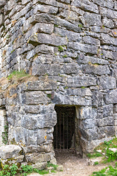 istock Ancient stone tower with a gated entrance surrounded by greenery. 2167139582