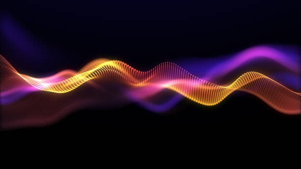 ilustraciones, imágenes clip art, dibujos animados e iconos de stock de ola naranja brillante sobre un fondo azul oscuro. humo amarillo púrpura fluorescente. movimientos suaves de partículas, flujo de datos borroso. oscilación de las ondas digitales. vibración magenta del flujo del espacio. ciencia ficción, 4k, - magenta