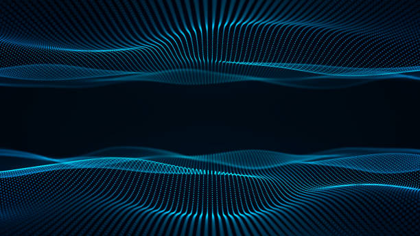 istock Parallel waves of blue color. Blue symmetrical waves, digital background. Smooth movement of liquid smooth copper form. Water texture surface made of glowing turquoise particles. Futuristic flow of soft digital data. Digital Horizon. space. 2167141284