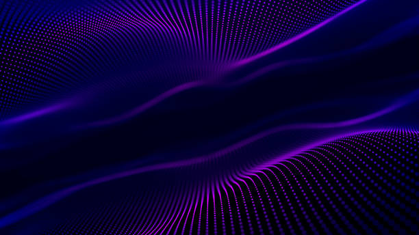 istock Parallel waves of violet color. Purple symmetrical waves. Smooth movement of liquid smooth copper form. Surface of rose water. Fluorescent linear waves. space. Digital Horizon. 2167141294