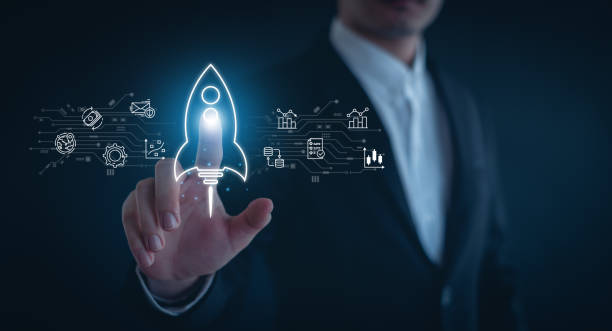 istock Entrepreneurship launch rocket start flying up and network line connection. Startup concept plan development business project digital. 2167141363