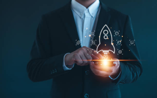 istock Entrepreneurship launch rocket start flying up and network line connection. Startup concept plan development business project digital. 2167142540