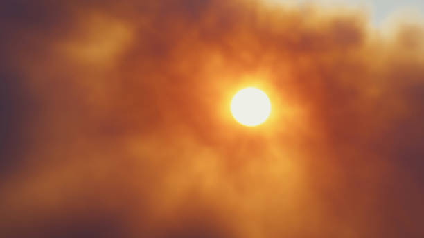 Dramatic shot of smoke on a wildfire as the sun sets in Izmir city. The sky is filled with smoke and the air is thick with the smell of burning.