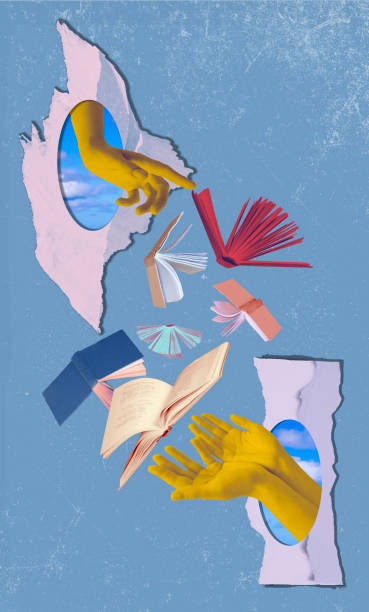 istock Human hand and open books over abstract background. Contemporary art collage. Concept of education, reading, knowledge 2167145555