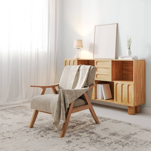istock Modern living room interior background, armchair with frame mock up on cupboard, 3d render 2167151453