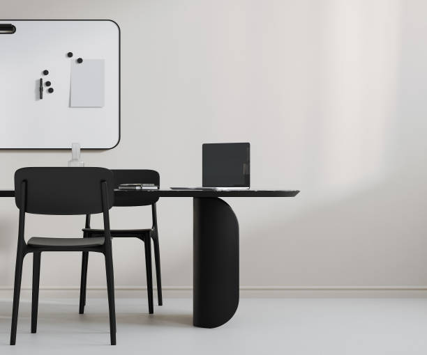 istock Office meeting room with conference table, whiteboard on wall, laptop and notebooks, 3d rendering 2167151491