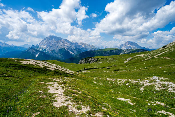 View to a mountain in the Sesto Dolomites