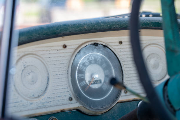 Old vintage dashboard with mileage, antique