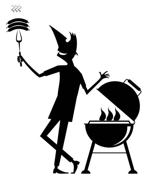 Smiling man preparing meal on fire Cheerfulness cartoon man frying sausages and steaks on the grill. Black and white illustration man grilling white background stock illustrations