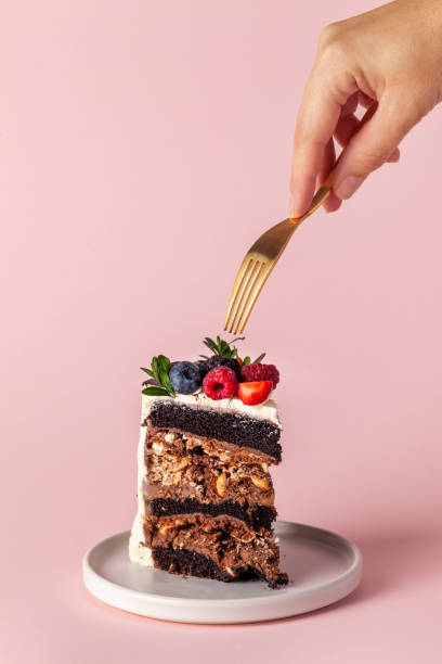 Slice of chocolate cake with berries.