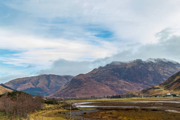 Scenic view of a mountain range with lush greenery and a cloudy sky, reflecting in a tranquil water body in the valley in Scotland.