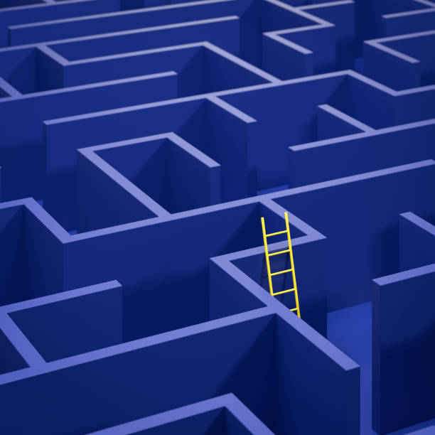 istock Concept - solving a complex problem by thinking out of the box or cheating. Blue maze and floor with a yellow ladder leaned against the wall. Selective focus 2167169085