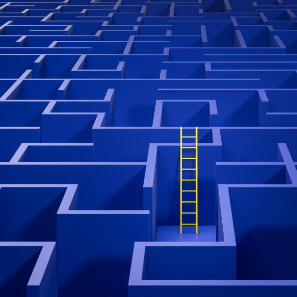 istock Concept - solving a complex problem by thinking out of the box or cheating. Blue maze and floor with a yellow ladder leaned against the wall 2167169091
