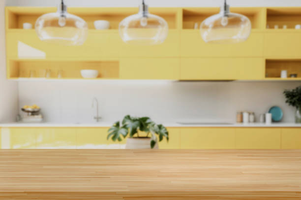 istock Modern kitchen table wooden board top shelf product presentation 3D template 2167169896
