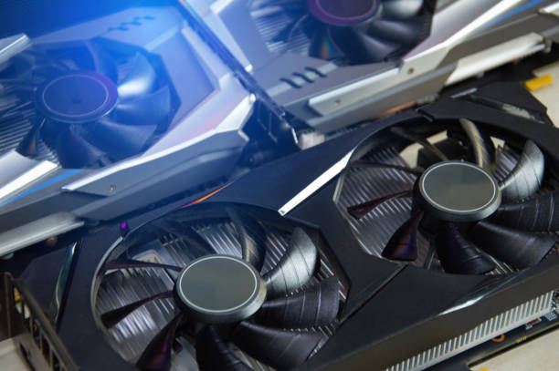 istock Powerful video graphic card close up, GPU coolers in computer 2167171217