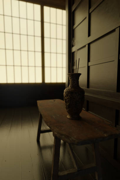 istock old japanese corridoe with shoji doors and old bronze vase. 3D Rendering 2167177943