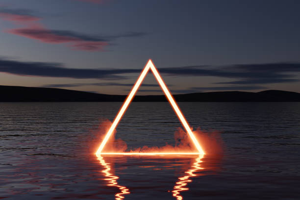 istock lighten glow triangle over blue ocean and in front of evening sky. 3D Rendering 2167177956