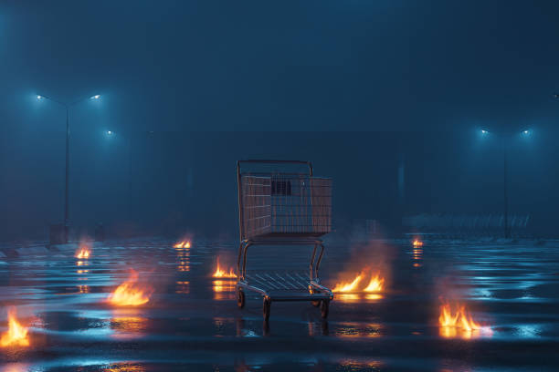 istock illuminated shopping trolley from small fire at abandoned parking space .3D Rendering 2167178647