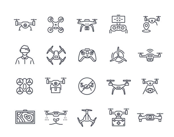 Drone Line Icon Set. Simple symbols with wireless quadcopter and remote controller. Design element for app. Editable stroke. Outline vector illustration collection isolated on white background
