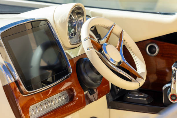 istock Luxury motorboat steering wheel and control panel, background with copy space 2167184241