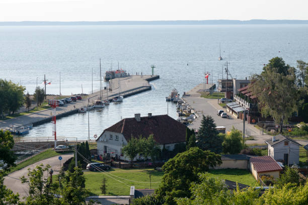 Ferry stop and pier with distant view of opposite side of lagoon
