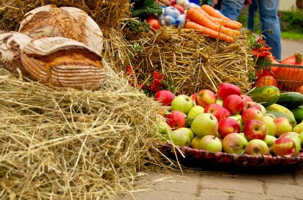 Bread, Vegetables and fruits presented for thanksgiving