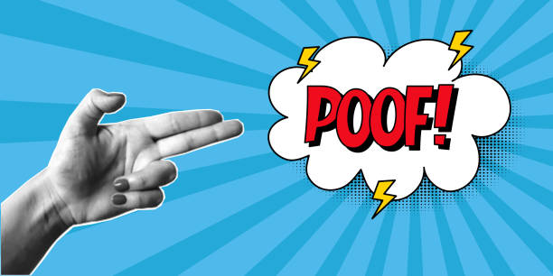 Halftone collage, women's hand gesture in the shape of a gun, speech bubble with expressive red inscriptions poof, cloud in a comic style. Pop art retro banner, two fingers, cut out of paper.