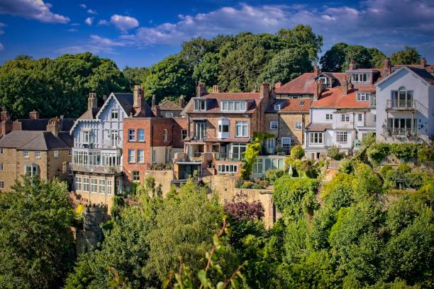 A row of charming houses on a hillside surrounded by lush greenery under a clear blue sky.
