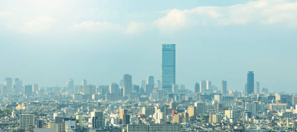 Aerial view across the crowded cityscape of central Osaka, from the rooftop gardens of Namba Parks to the skyscrapers of Abeno Harukas. ProPhoto RGB profile for maximum color fidelity and gamut.